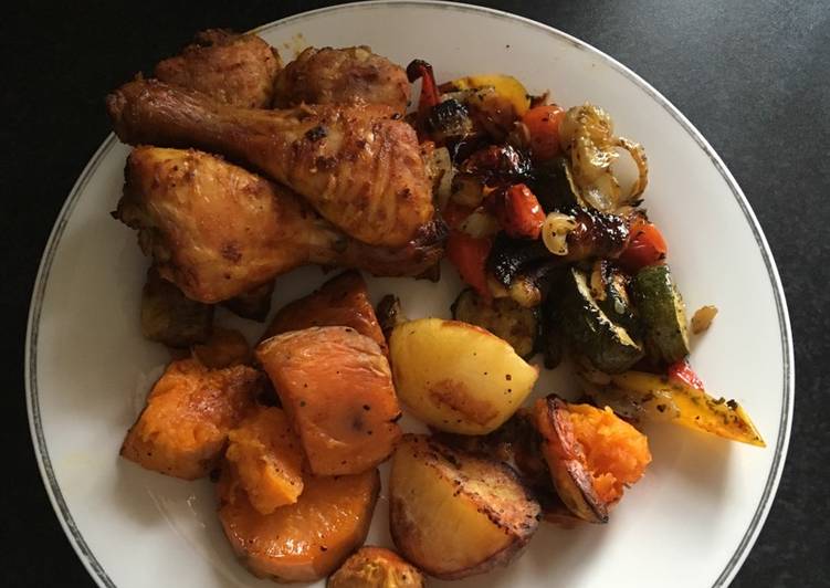Any-night-of-the-week Easy lemon curry chicken legs with sweet potato and veg :)