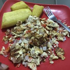 A picture of Boiled Plantain and Scramble Egg.