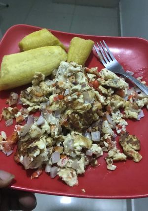 A picture of Boiled Plantain and Scramble Egg.