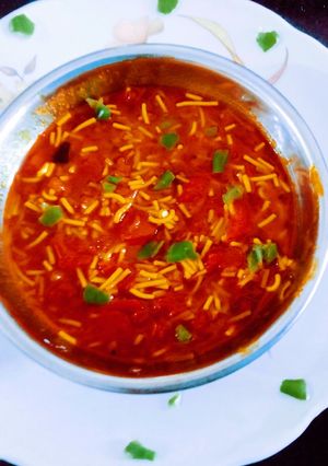 A picture of Tasty chatpattu Kathiyawadi sev tomato shaak(sabji).