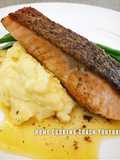 Crispy skin Salmon with mash, greens and lemon butter sauce
