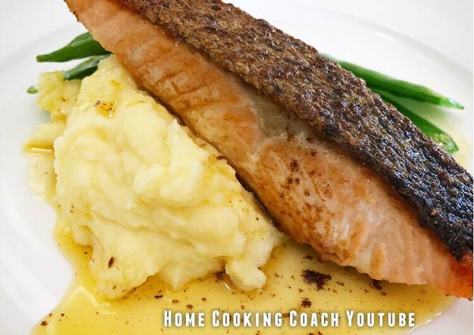 Step-by-Step Guide to Prepare Homemade Crispy skin Salmon with mash, greens and lemon butter sauce