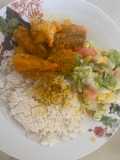 Beef in Sauce, White Rice, and Green Salad