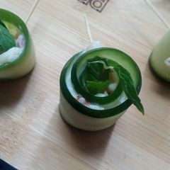 A picture of 1 bite cucumber 🥒 salad.
