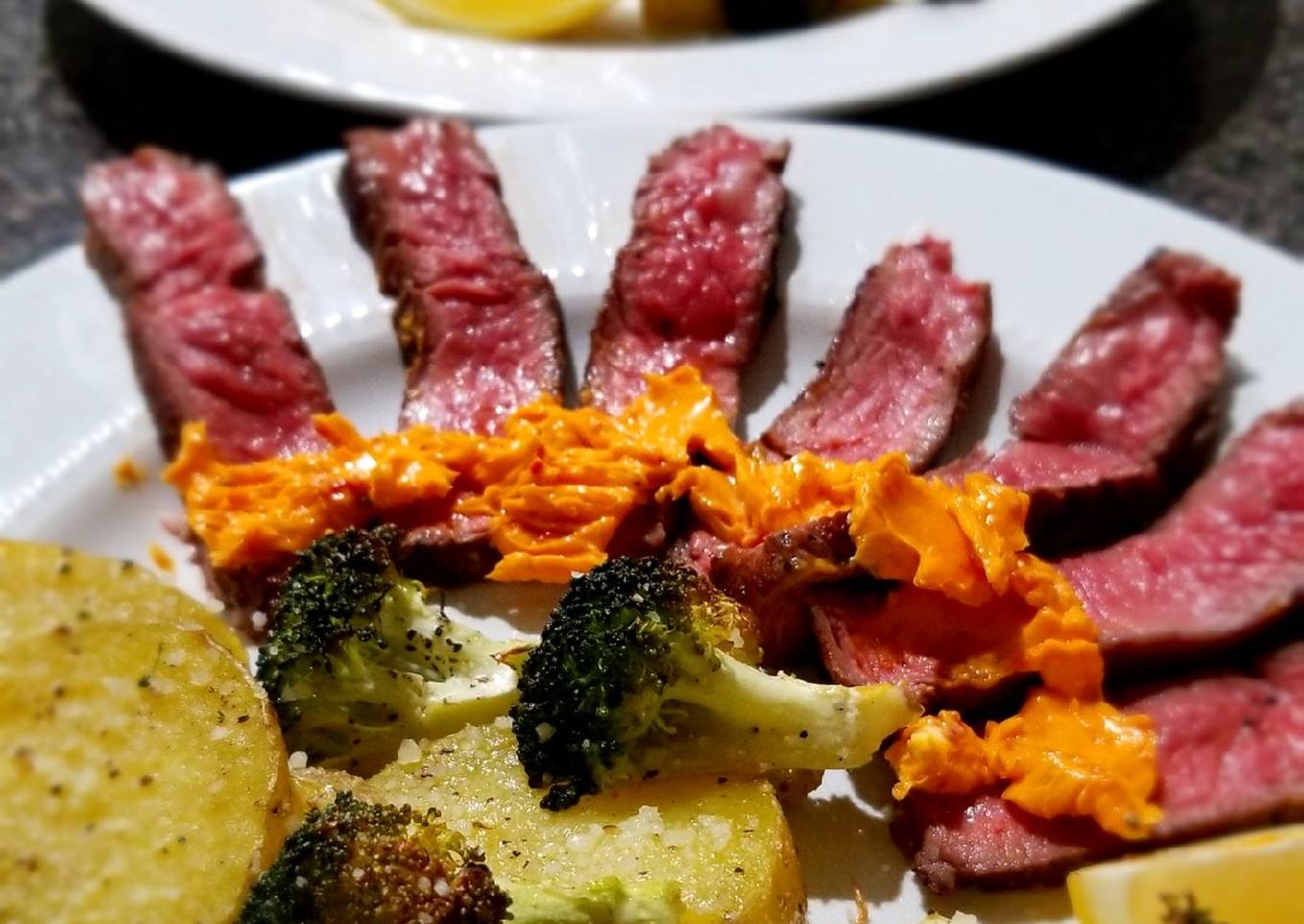 Chile Butter Steaks with Lemon-Parmesan Broccoli & Potatoes