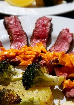 A picture of Chile Butter Steaks with Lemon-Parmesan Broccoli & Potatoes.