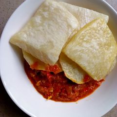 Fried yam and sauce A picture of Fried yam and sauce.