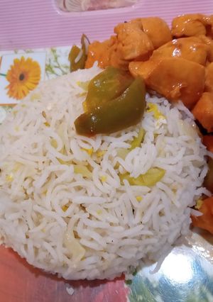 A picture of Chicken Manchurian with Egg Fried Rice.