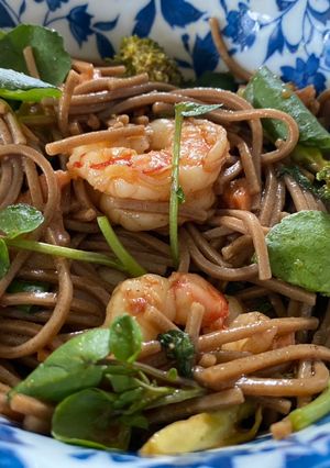 A picture of Prawns with Watercress and Asian Pesto Udon.