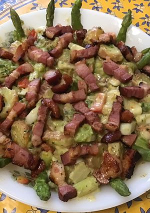 A picture of Warm Potato and Asparagus Salad with Bacon, Tomatoes, and Sweet Onion.