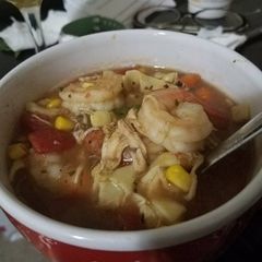 A picture of To sick and tired for real effort shrimp and chicken noodle soup.