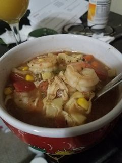 A picture of To sick and tired for real effort shrimp and chicken noodle soup.
