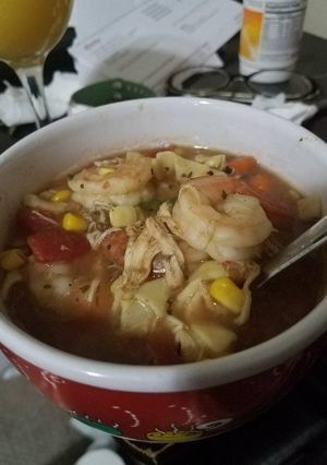 A picture of To sick and tired for real effort shrimp and chicken noodle soup.