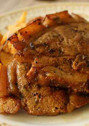 A picture of Grilled Pork Chops with Sauted Apples.