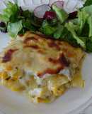 Lasanha de bacalhau com alho francês e cenoura ralada