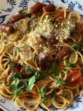 California Farm Spaghetti with Pepperoni, Zucchini, Tomato Sauce