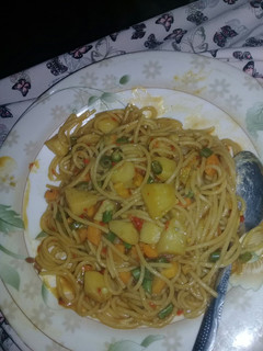 A picture of Ganished spaghetti and Irish potatoes.