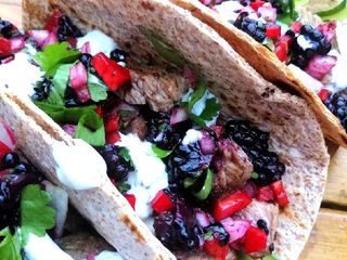 Lamb tacos with blackberry salsa and mint /chives yoghurt sauce