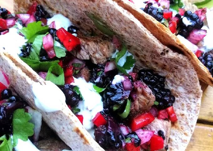 Lamb tacos with blackberry salsa and mint /chives yoghurt sauce