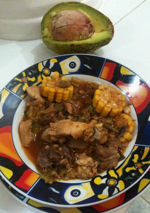 A picture of Three Meats with Okra and Corn.