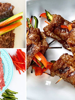 A picture of Teriyaki Steak Rolls with Miyazakigyu Wagyu Beef.