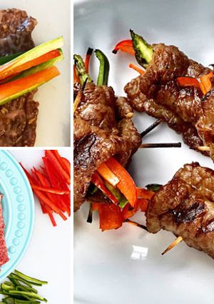 A picture of Teriyaki Steak Rolls with Miyazakigyu Wagyu Beef.