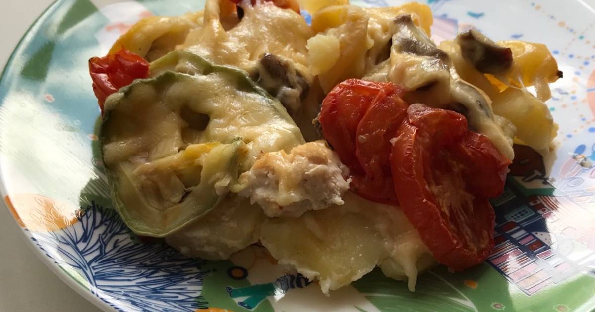 Овощная запеканка с грибами и куриным фаршем пошаговый
