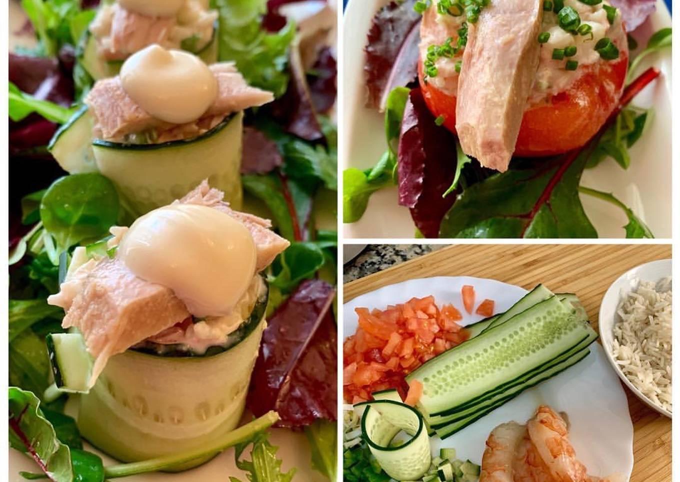 Ensalada de arroz en dos presentaciones: rollitos de pepino o tomate relleno