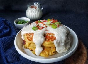 Foto resep Chessy Potato Pancake with saffron cheese sauce