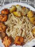 Pasta con salmón y papa criolla