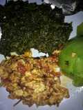 Fried eggs and cooked saga