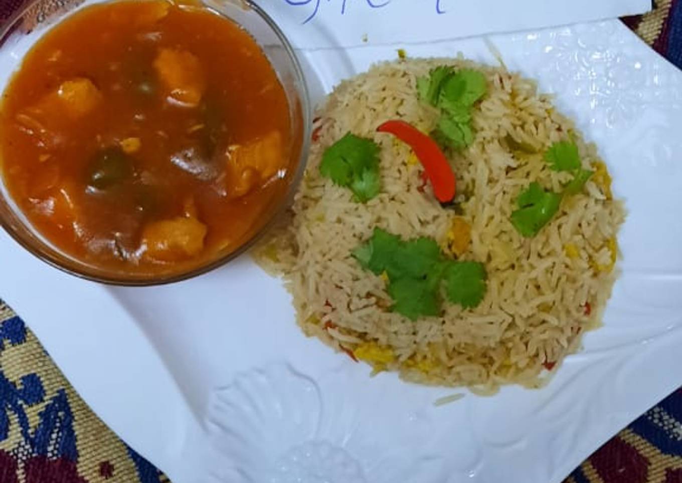 Chicken chilli gravy with fried rice