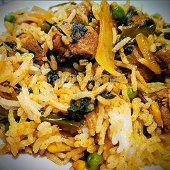 A picture of Manipuri style Spinach soyabean Rice or palak rice.