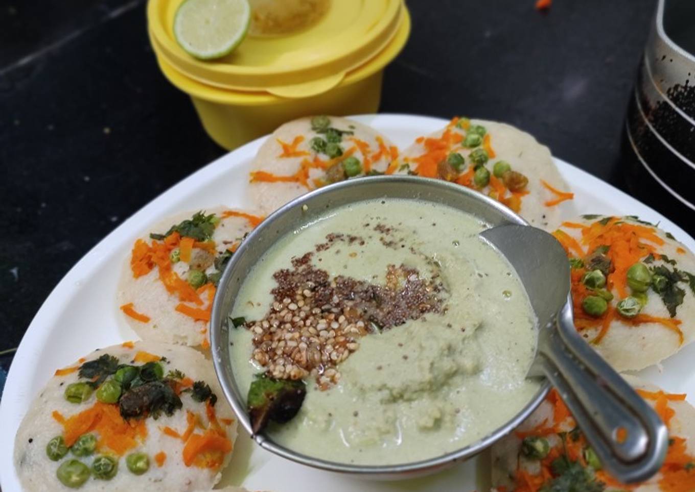 Oats mixed idli batter vegetables Idli Chutney