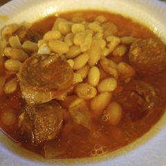 A picture of Chorizo and navy beans.