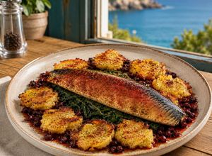 Foto di Sgombro Scottato con Patate alle Erbe, Spinacino Fresco e Salsa Tiepida di Ciliegie e Cipollotti