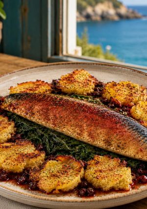 Foto di Sgombro Scottato con Patate alle Erbe, Spinacino Fresco e Salsa Tiepida di Ciliegie e Cipollotti