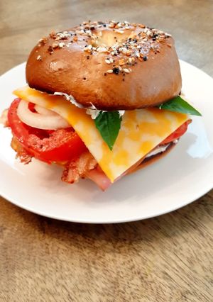 A picture of Everything Bagel Sandwich with Black Peppered Cream Cheese.