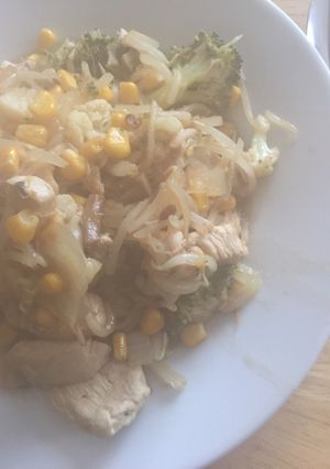 A picture of Chicken with Bean Shoots and Vegetables.