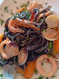 Homemade Squid Ink Spaghetti with Seafood, Shrimp, and Calamari