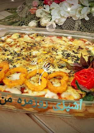 عکسی از دستور خوراک لایه ای گوشت و بادمجون