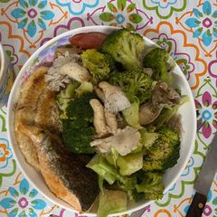A picture of Salmon & Chicken steak with broccoli mushroom#Edema - no salt🧂#211 plate.
