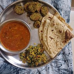A picture of Maharashtrian simple thali with walach birde.