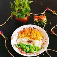 A picture of TRicolour pulao carrot pulao ghee rice palak pulao 🇮🇳.