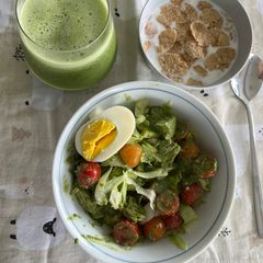A picture of Pesto chicken avocado warm salad.