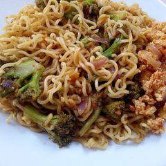 A picture of Indomie Noodles with Broccoli and Eggs.