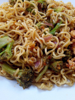 A picture of Indomie Noodles with Broccoli and Eggs.
