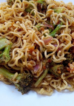 A picture of Indomie Noodles with Broccoli and Eggs.