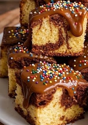Una foto de Bizcochuelo Vichy, Bizcochuelo Marmolado, muy infantil para cumpleaños