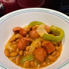 A picture of Quick Baked Beans and Hot Dogs.